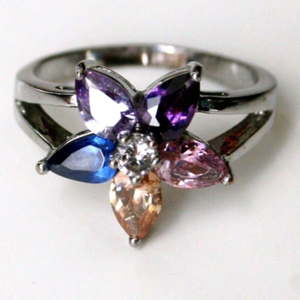 18KGP White Gold Pink Purple Blue Flower Ring Silver Tone- Size 8.5